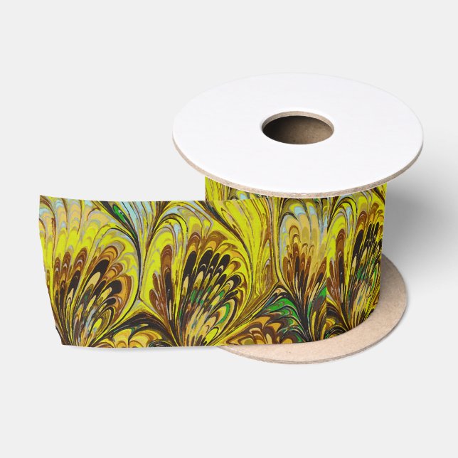 MARBLED PAPER,ABSTRACT YELLOW PEACOCK PATTERN SATIN RIBBON (Spool)