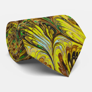 MARBLED PAPER,ABSTRACT YELLOW PEACOCK PATTERN TIE
