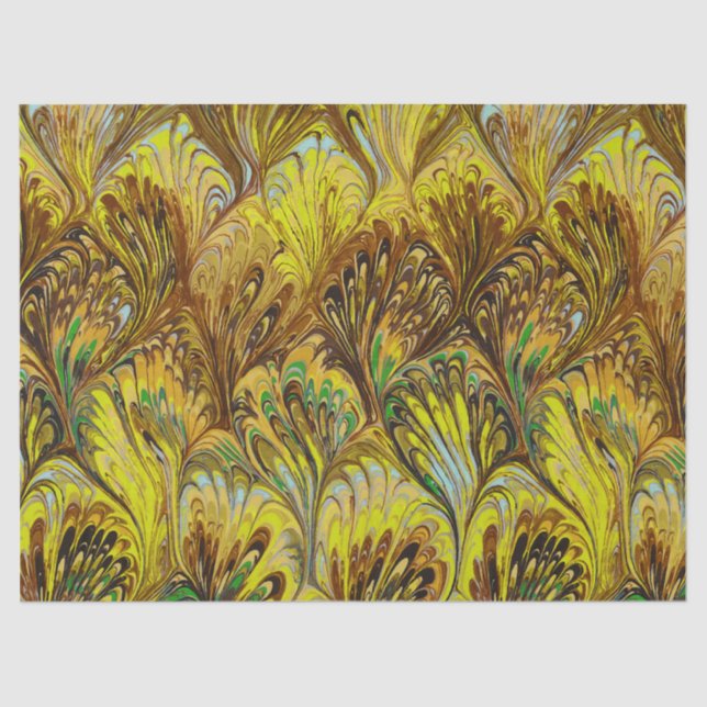 MARBLED PAPER,ABSTRACT YELLOW PEACOCK PATTERN TISSUE PAPER (Front)