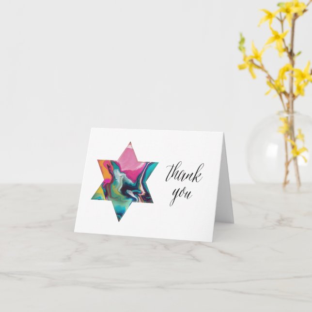 Marbled Rainbow Jewish Star Bat Mitzvah Thank You Card (Yellow Flower)
