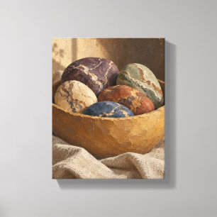 Marbled River Stones in an Ochre Bowl Still Life C Canvas Print