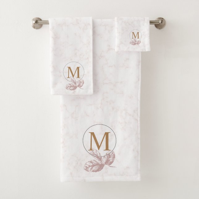 Marbled Rose & Gold Lettered Monogrammed Bath Towel Set (Insitu)