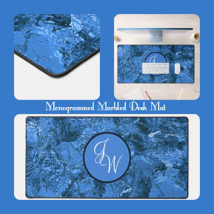 Marbled Shades of Blue with Initials or Monogram Desk Mat