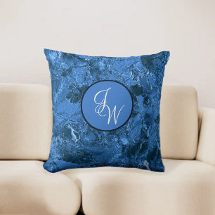 Marbled Shades of Blue with Initials or Monogram Throw Pillow