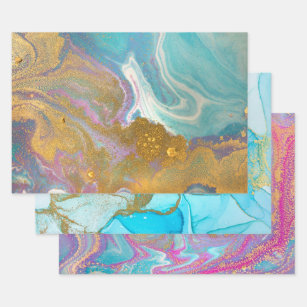 Marbled Swirls Pink Aqua Blue Gold Glitter Stylish Wrapping Paper Sheet