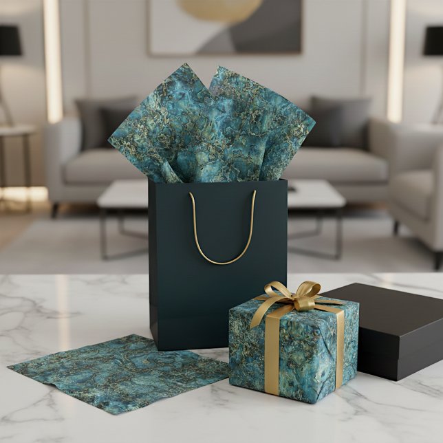 Marbled Teal Turquoise Faux Gold Agate Art Pattern Tissue Paper (Creator Uploaded)
