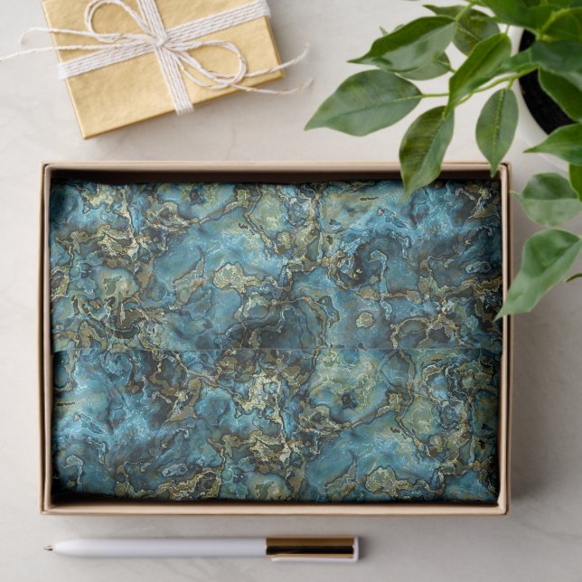 Marbled Teal Turquoise Faux Gold Agate Art Pattern Tissue Paper (Gift)