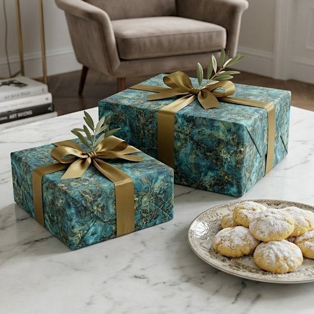 Marbled Teal Turquoise Faux Gold Agate Art Pattern Wrapping Paper (Creator Uploaded)