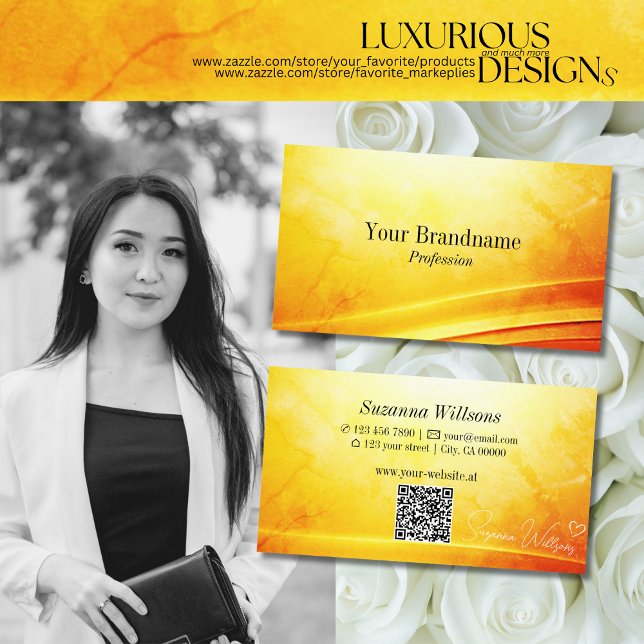 Marbled Yellow Orange Curved Decor with QR Code Business Card (Creator Uploaded)
