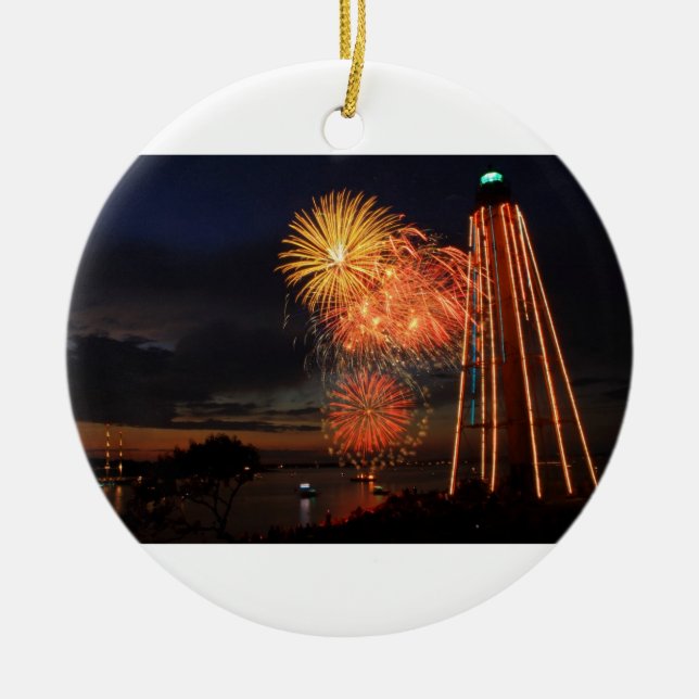 Marblehead Fireworks Lighthouse Ceramic Ornament (Front)