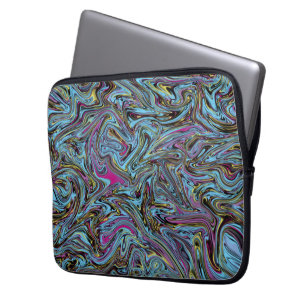 Marbleized Abstract Swirls Black Pink Blue Yellow Laptop Sleeve