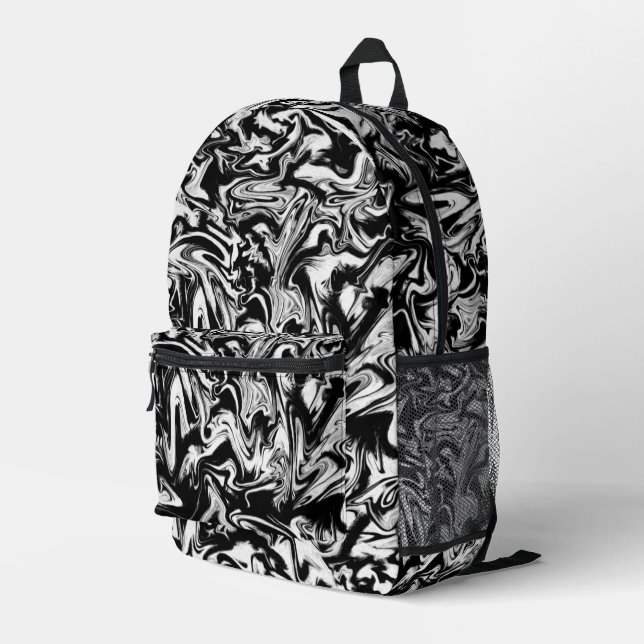 Marbleized Black and White Modern Abstract Artwork Printed Backpack (Back Corner Right)