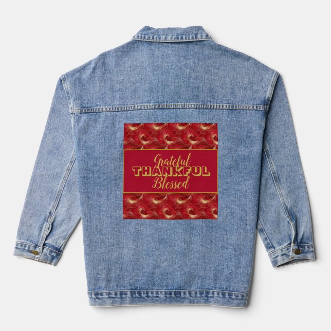 Marbleized "Grateful, Thankful, Blessed" Red Gold Denim Jacket (Back)