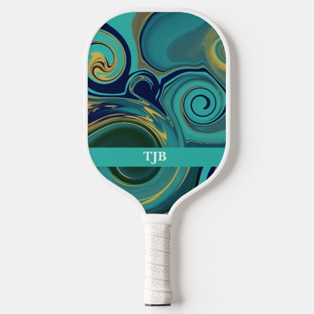 Marbleized Navy Green Gold Pickleball Paddle (Front)