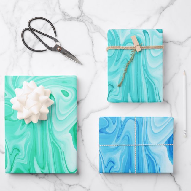 Marbleized Paint Ocean Blues Surfer Water Fun Wrapping Paper Sheet (Front)