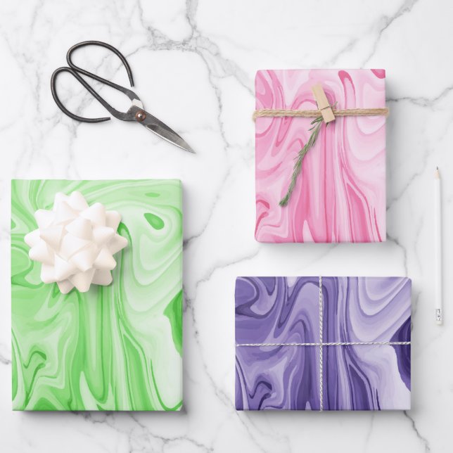 marbleized paint spring green pink purple colourfu wrapping paper sheet (Front)