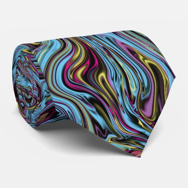 Marbleized Swirls of Black Yellow Pink Blue Colour Tie (Rolled)