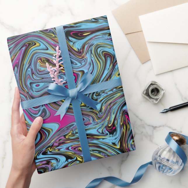 Marbleized Swirls of Black Yellow Pink Blue Gift Wrapping Paper (Gifting)