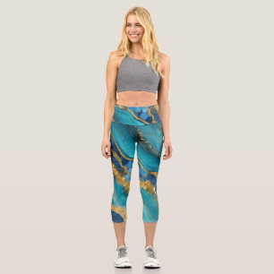 Marbleized Teal Gold Capri Leggings