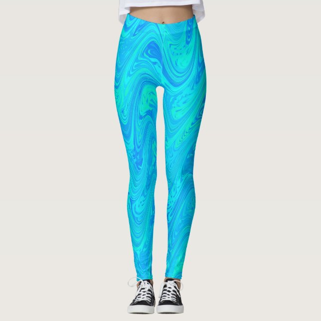 Marbling Blue Green Pattern Leggings (Front)