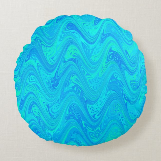Marbling Blue Green Pattern Round Pillow (Front)