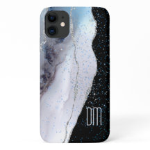 Marbre Abstrait Paillettes Argent Monogramme Bleu