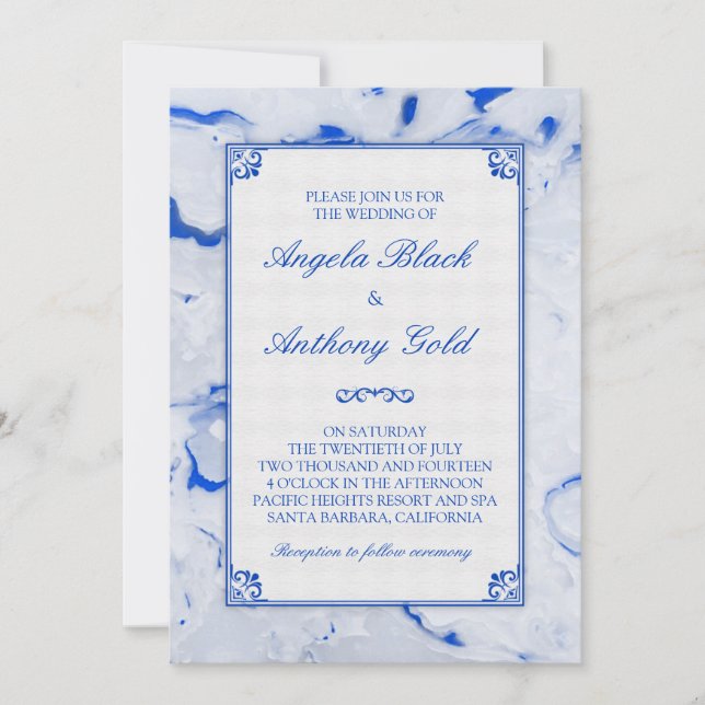 Marbre blanc bleu Faire-part de mariage marbré (Devant)