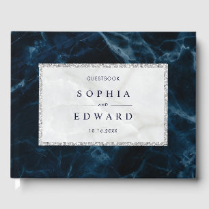 Marbre blanc bleu marine Mariage livre d'or