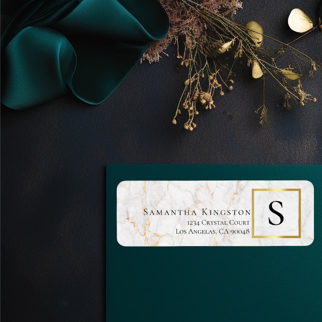 Marbre blanc et or | Adresse de retour du monogram (Créateur téléchargé)