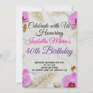 Marbre blanc et orchidée rose Invitation d'anniver