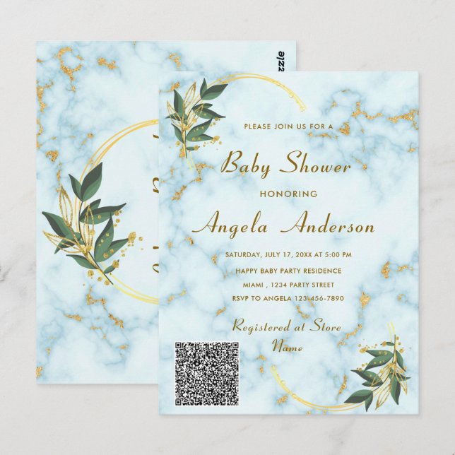 Marbre blanc or QR Code Baby shower Invitation (Devant / Derrière)