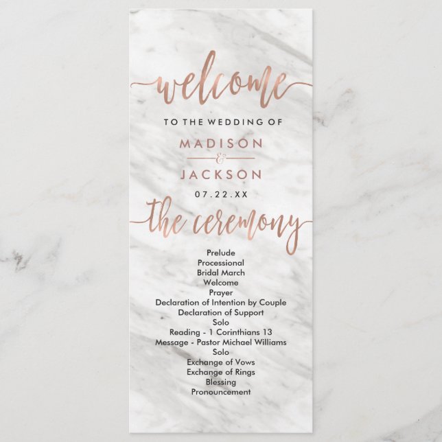 Marbre blanc & Rose Gold Elegant Wedding Programme (Devant)