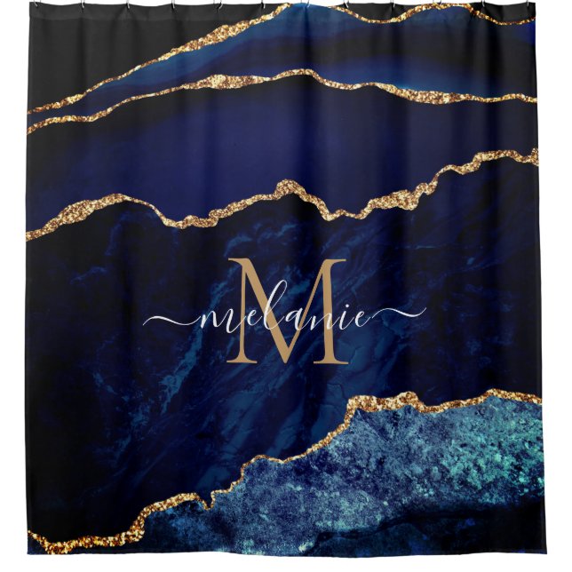 Marbre bleu marine Monogramme Nom Douche Rideau (Devant)