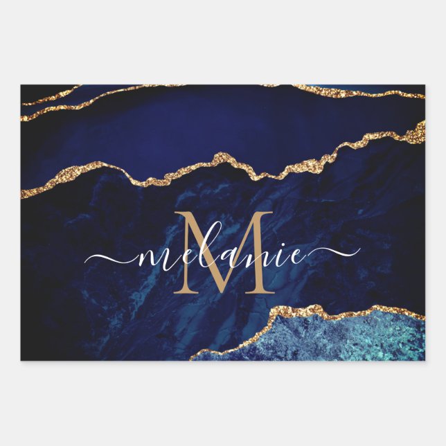 Marbre bleu marine Nom Lettre Feuilles papier enve (Devant 3)
