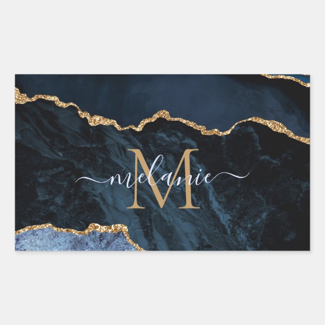 Marbre bleu marine or Nom personnalisé Autocollant (Devant)
