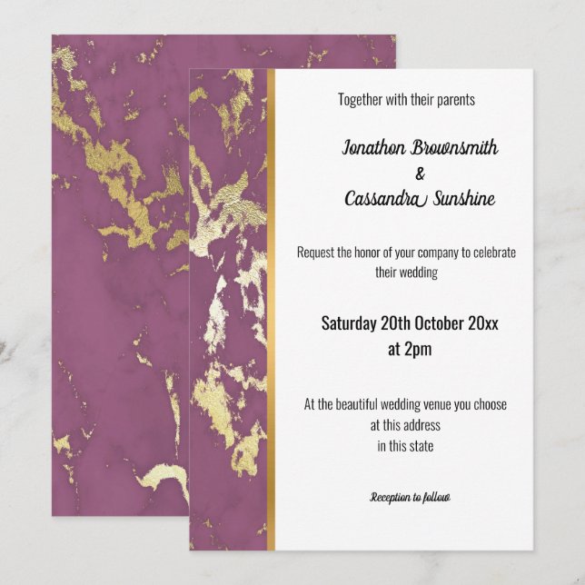 MARBRE CLASSIQUE PURPLE GOLD TRIM INVITATION (Devant / Derrière)