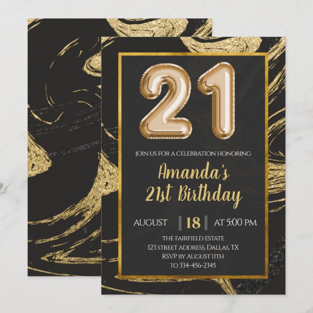 Marbre d'or noir 21ème anniversaire Invitation (Devant / Derrière)