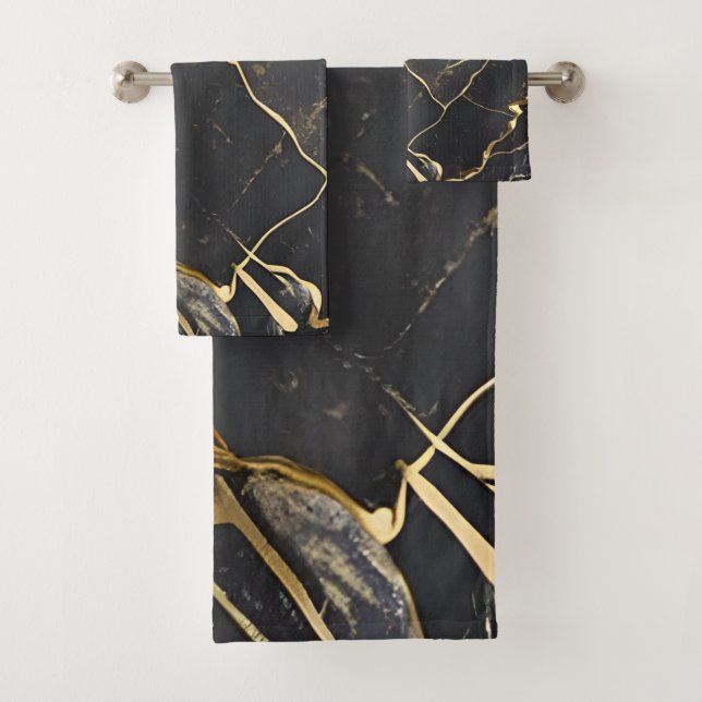 Marbre noir avec veines or et bandes serviettes de (En situation)