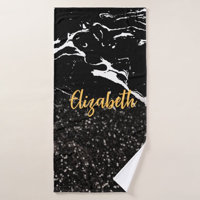 Marbre noir/Parties scintillant noire (Serviette de bain)