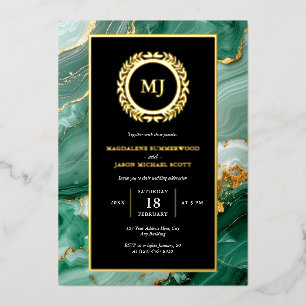 Marbre vert Gold Laurel Crest & Black Invitation