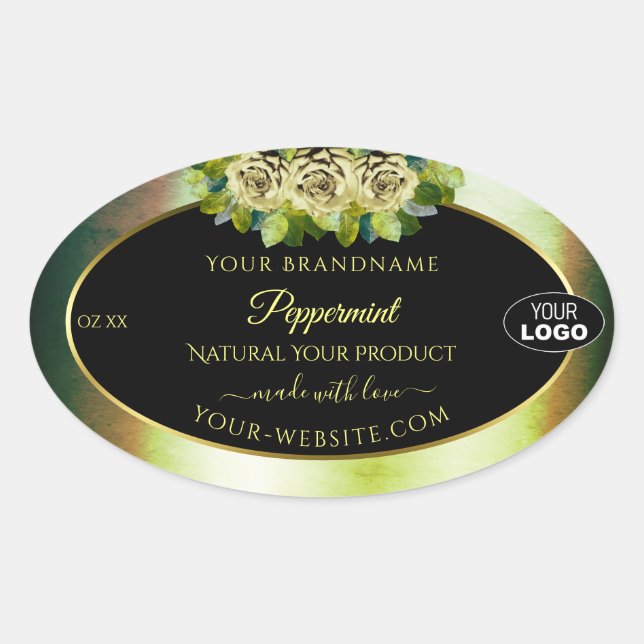 Marbre vert Turquoise Floral Noir Logo Étiquette (Devant)