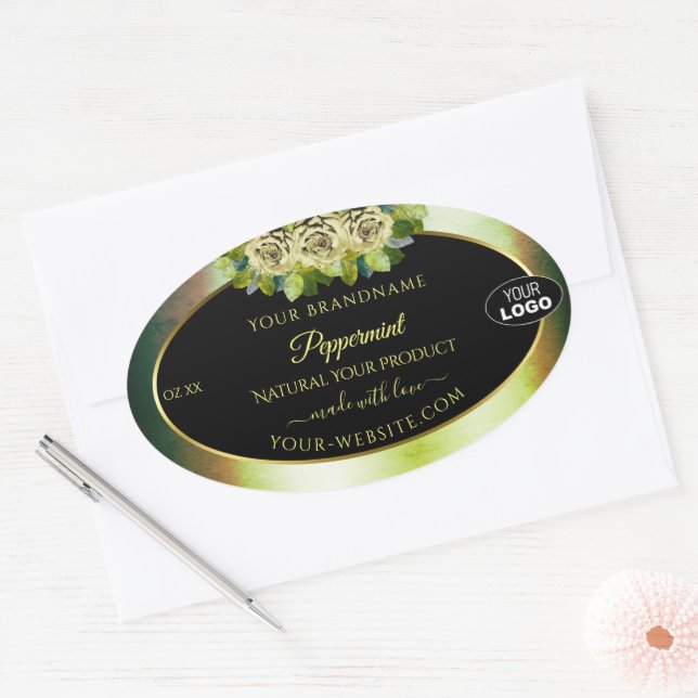 Marbre vert Turquoise Floral Noir Logo Étiquette (Enveloppe)