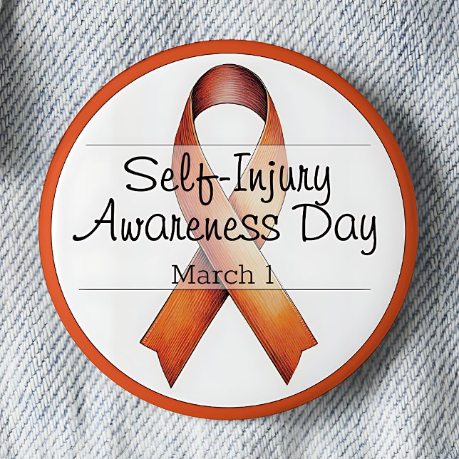 March 1 Self-Injury Awareness Day 2 Inch Round Button (Self-Injury Awareness Day.  March 1. Orange Awareness Ribbon. Pinback button.)