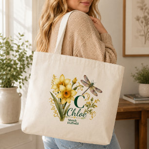 March Birth Flower Daffodil Monogram Dragonfly Tot Tote Bag