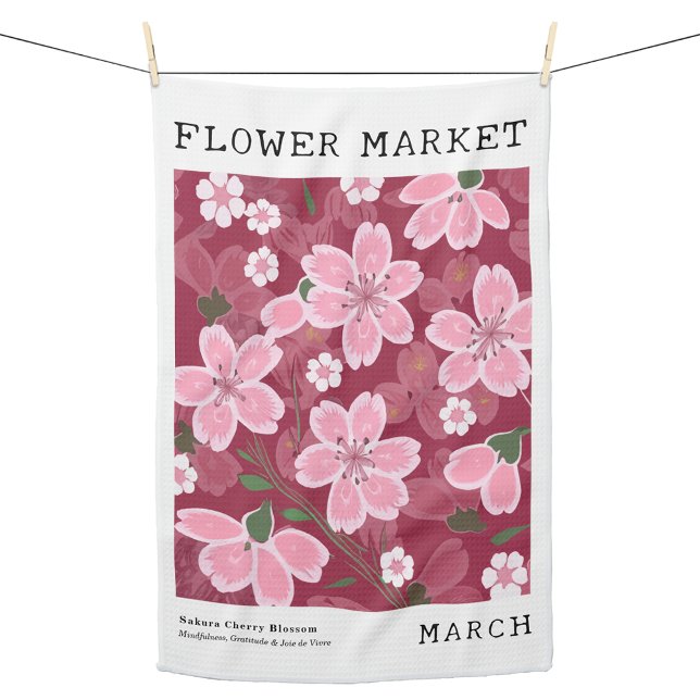 March Birth Flower Market Pink Sakura Cherry Print Kitchen Towel (Personalized March Birth Flower Market Kitchen Towel, Custom Floral Kitchen Towel, Sakura Cherry Art)