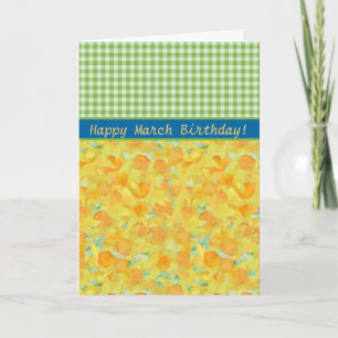 March Birthday Card, Daffodils and Check Gingham Card