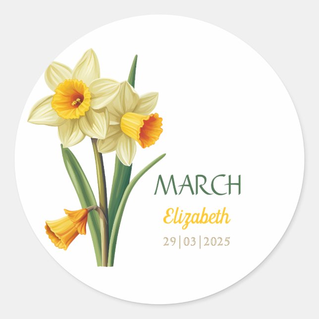March Birthday Daffodil Birth Flower Personalized  Classic Round Sticker (Front)