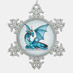 March Birthstone Dragon: Aquamarine Snowflake Pewter Christmas Ornament