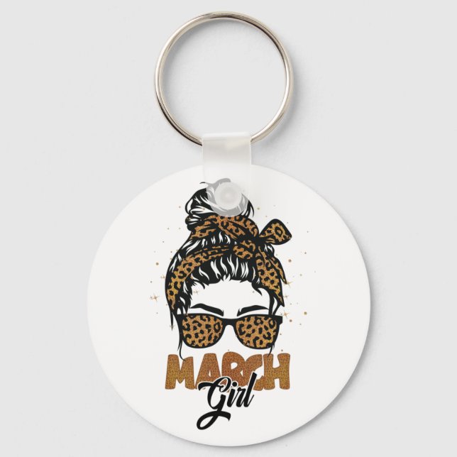 March Girl Messy Hair Sunglasses Leopard Lady Keychain (Front)