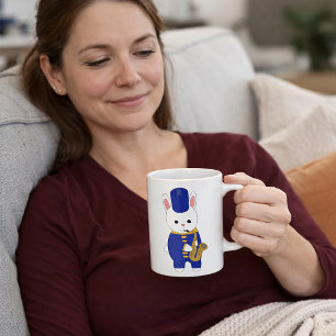 Marching Band Bunny Playing Saxophone Cute Blue Coffee Mug